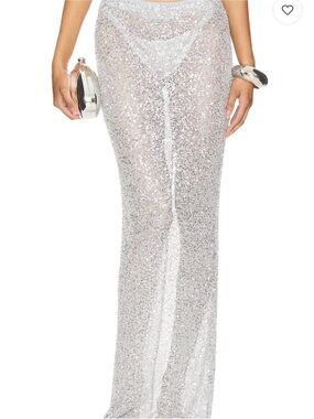 NBD Silver Sequin Sheer Maxi Skirt